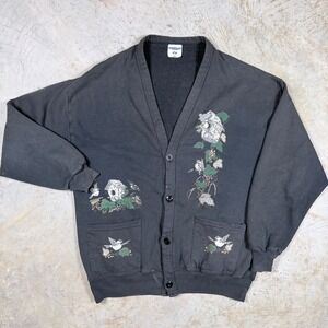 Vtg Jerzees Women's Black Cardigan Birdhouse Button Up Sweatshirt women's large